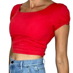 Japna red linen blend cropped puff sleeve top S